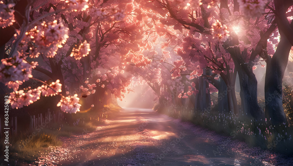 Fototapeta premium Serene path under blooming cherry blossoms with sunlight filtering through, capturing the beauty of nature in spring.