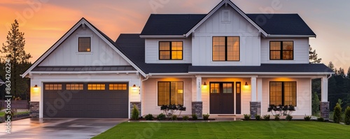 Modern Farmhouse With Sunset Sky and Illuminated Windows