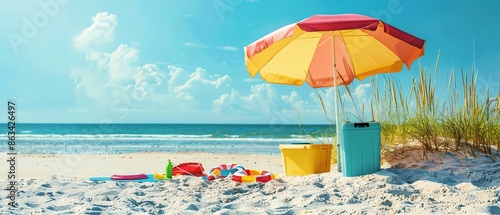 Beach umbrella with a cooler and beach games set up nearby, ready for a fun summer day