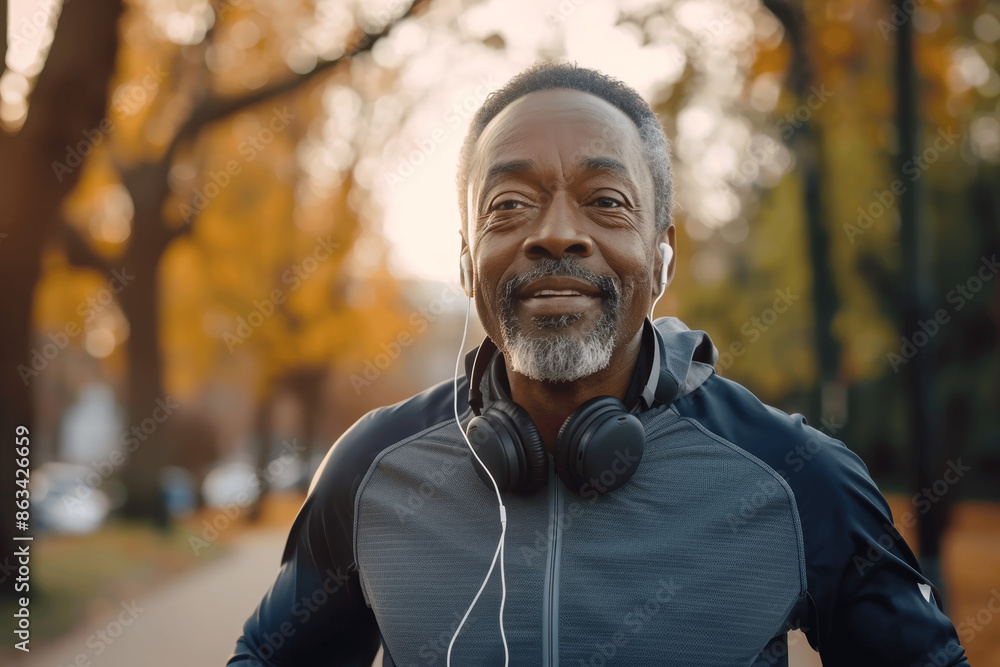 African American senior man smiling and jogging in the park wearing headphones listening to music exercising for a healthy lifestyle African American senior man smiling and jogging in the park wearing headphones listening to music exercising for a healthy lifestyle