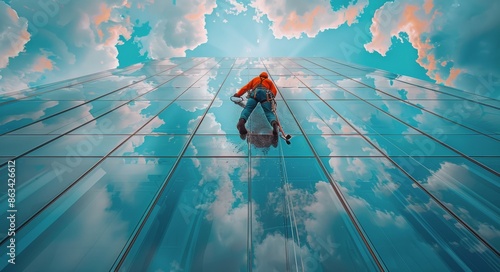 Window Washer Working on Tall Building Against a Blue Sky