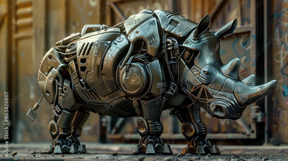 A rhino made of metal standing in front of a building, AI A rhino made of metal standing in front of a building, AI