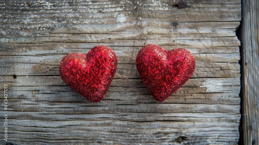Valentine s Day theme Pair of red sparkly hearts on wooden backdrop flat layout Valentine s Day theme Pair of red sparkly hearts on wooden backdrop flat layout