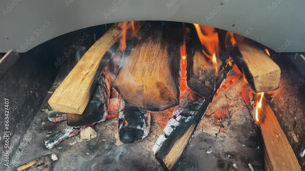 Burning wood smoldering in a forged barbecue Burning wood smoldering in a forged barbecue