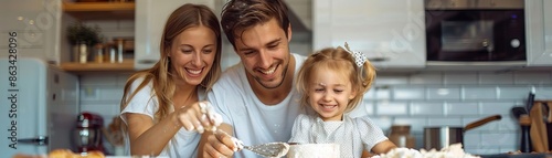 A young Caucasian family embraces the mess while having fun baking together in the kitchen