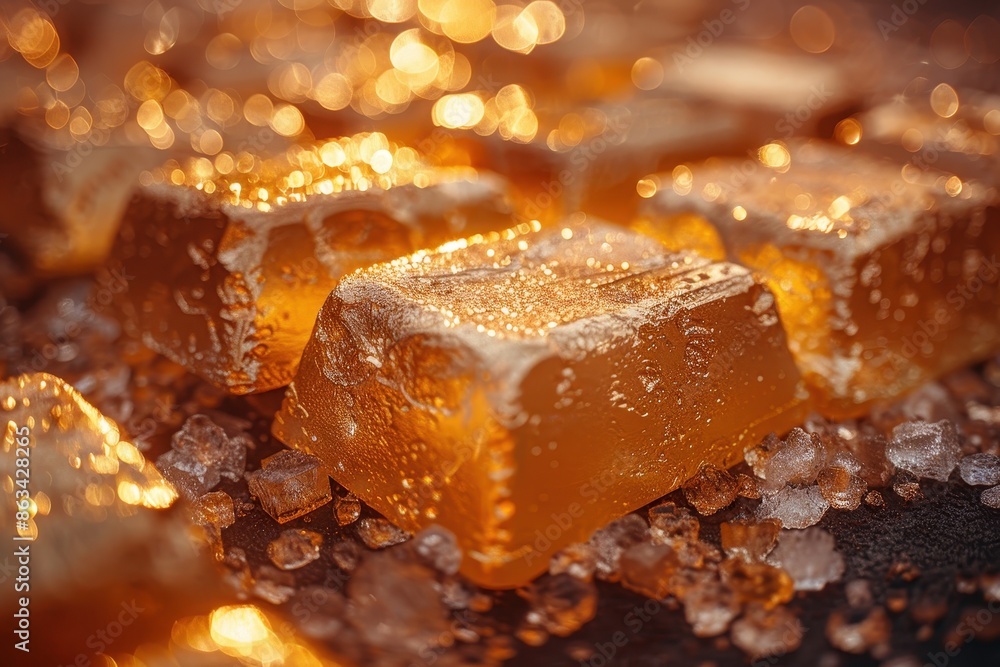 Golden bars lying amidst a scattering of ice crystals, creating a mesmerizing contrast between the warm glow of the gold and the cold, clear sparkle of the ice. Golden bars lying amidst a scattering of ice crystals, creating a mesmerizing contrast between the warm glow of the gold and the cold, clear sparkle of the ice.