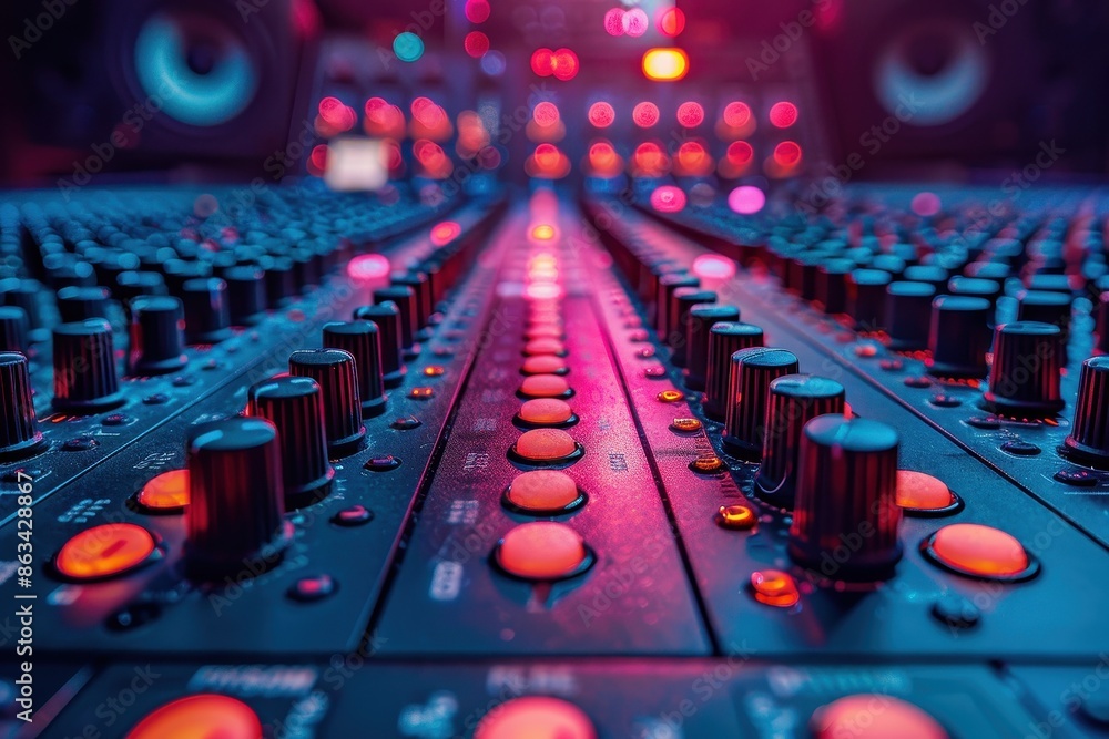 Fototapeta premium A detailed close-up of a vibrant audio mixer panel in a professional studio setting, with various knobs, buttons, and colorful LED indicators creating a dynamic visual effect.