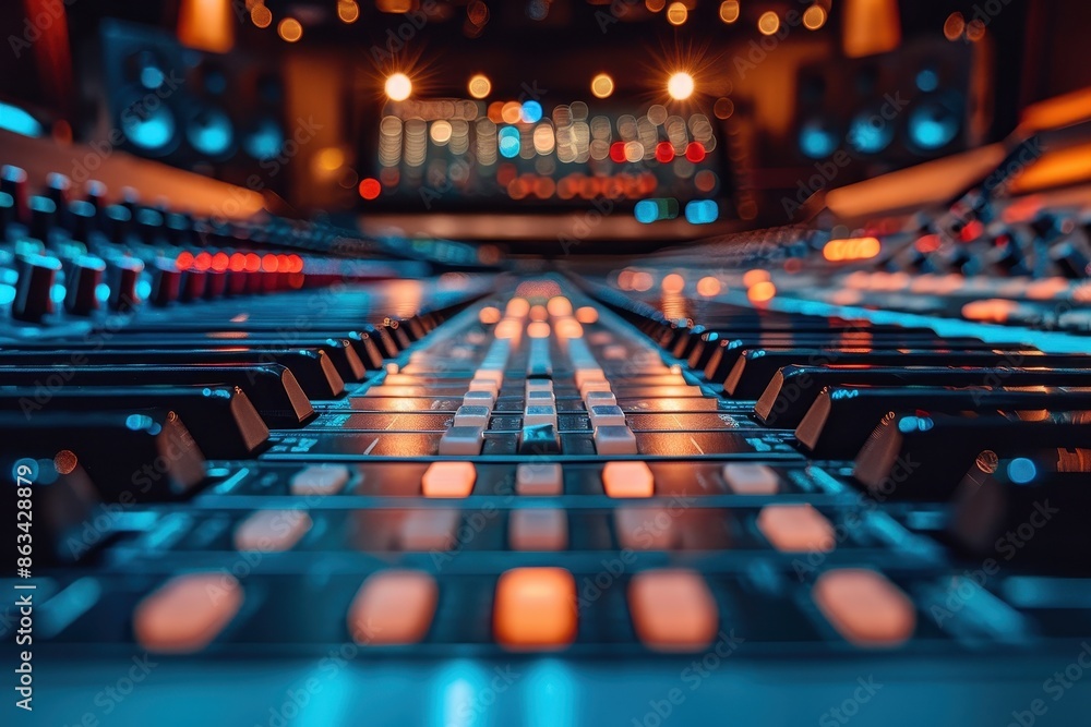 A vibrant close-up of a professional mixing console in a music studio, featuring various controls and LED lights in a dynamic, colorful environment. A vibrant close-up of a professional mixing console in a music studio, featuring various controls and LED lights in a dynamic, colorful environment.