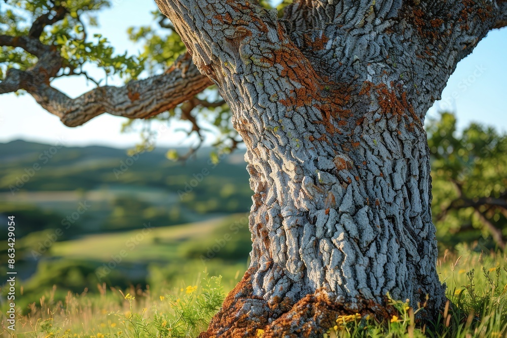 This image features a close-up photograph of the rough bark of an old, weathered tree trunk, showing detailed textures and patterns formed over many years.