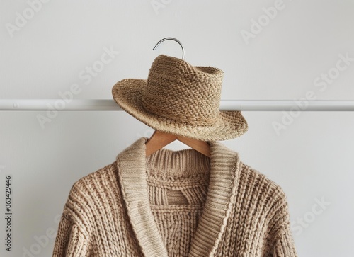 Beige Knit Cardigan and Straw Hat Hanging on a White Rack