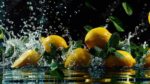 Fresh Lemons Splashing in Water with Mint Leaves - Generative AI