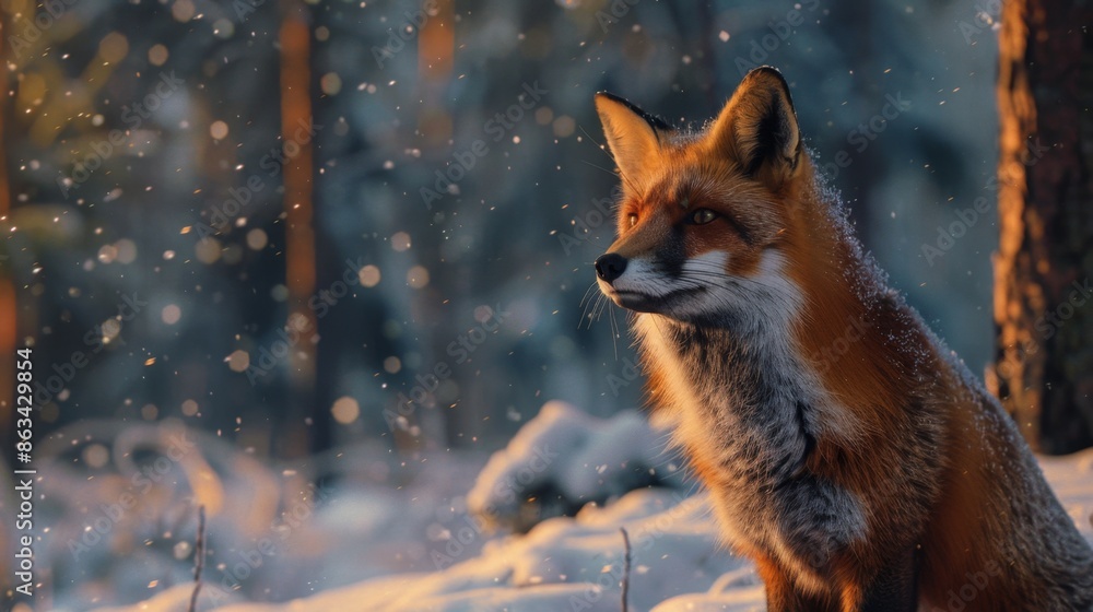 Obraz premium Red Fox in Winter Forest at Sunset, Generative AI