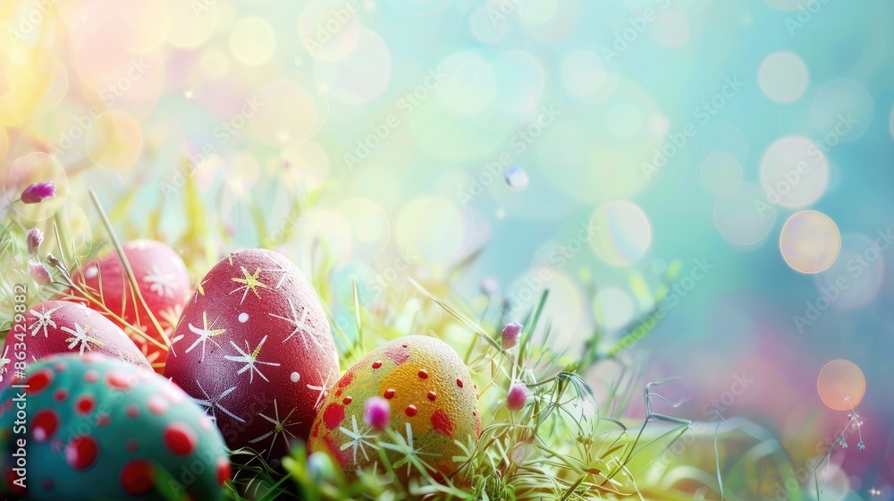 Colorful Easter Eggs on a Bright Spring Background Joyful Easter Colorful Easter Eggs on a Bright Spring Background Joyful Easter