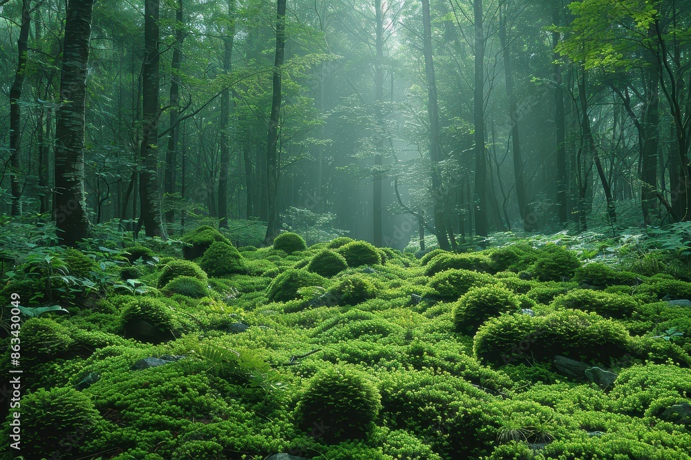 Moss-covered forest floor bathed in diffused natural light, surrounded by dense, lush vegetation. The scene captures the quiet and still atmosphere of the forest. Moss-covered forest floor bathed in diffused natural light, surrounded by dense, lush vegetation. The scene captures the quiet and still atmosphere of the forest.
