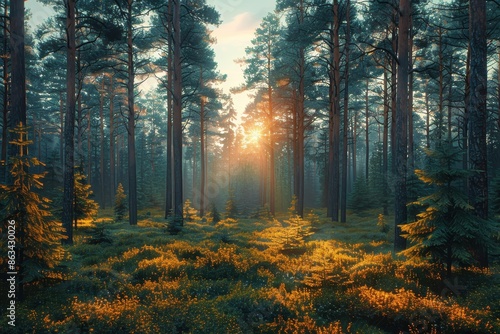 Sunlight filtering through tall pine trees in a serene and atmospheric forest. The ground is covered with lush grass and small plants, creating a tranquil scene.