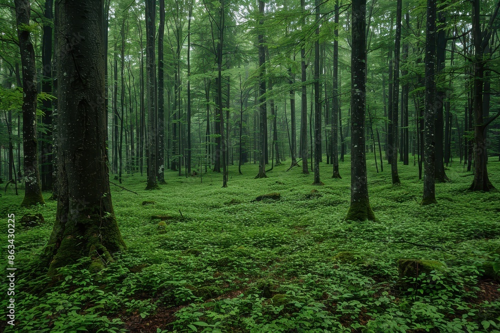 Obraz premium An enchanting image of a dense woodland. Tall, slender trees rise from a rich, green ground cover, creating a calm and rejuvenating atmosphere that's perfect for woodland wanderers.