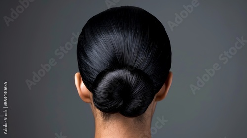 A person with a modern sleek bun, featuring smooth and shiny hair gathered into a neat bun