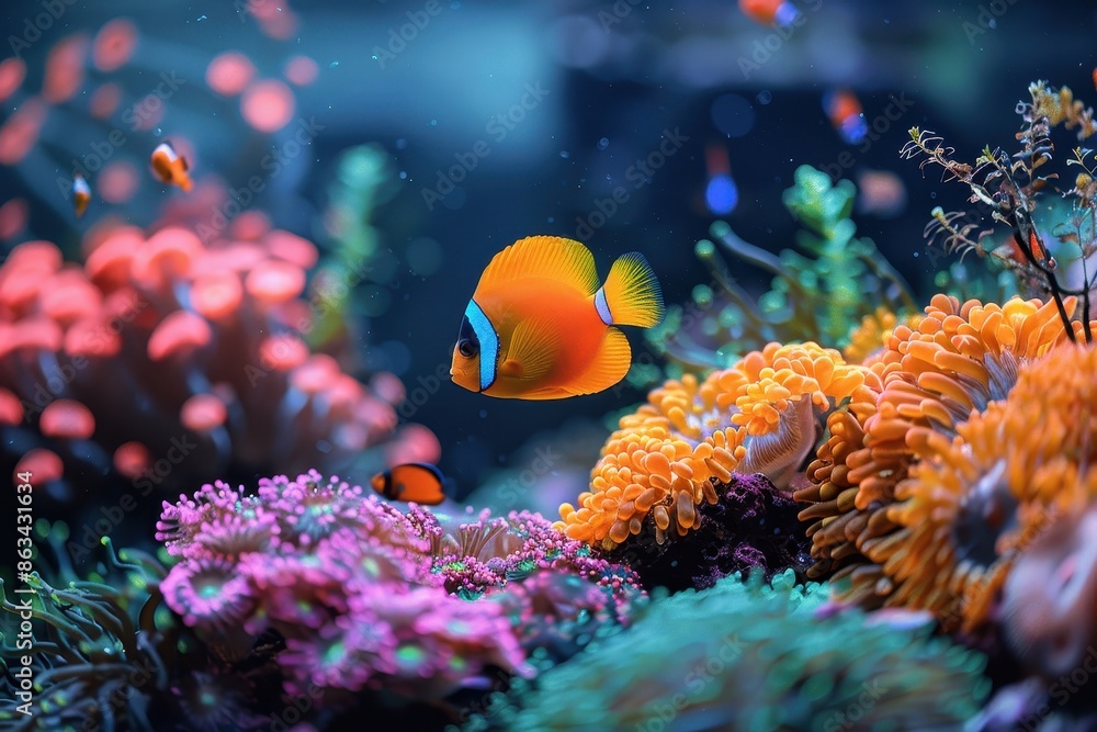 A vividly colorful fish swims through a lush, vibrant coral reef filled with diverse marine life, showcasing the beauty and biodiversity of underwater ecosystems. Pristine and lively scene. A vividly colorful fish swims through a lush, vibrant coral reef filled with diverse marine life, showcasing the beauty and biodiversity of underwater ecosystems. Pristine and lively scene.