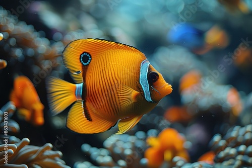 A vibrant orange fish with unique markings swims peacefully among the corals in the ocean, creating a mesmerizing underwater scene full of life and color.