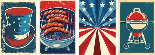 Set of American 4th July celebration posters. With iconic American icons. Patriotic USA background