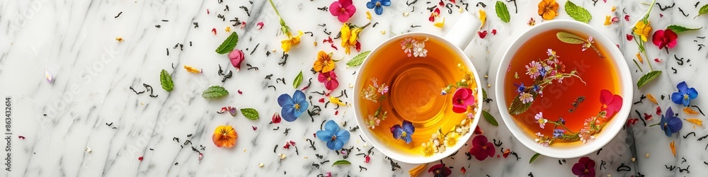 A cup of flower tea on a marble counter. A cup of flower tea on a marble counter.