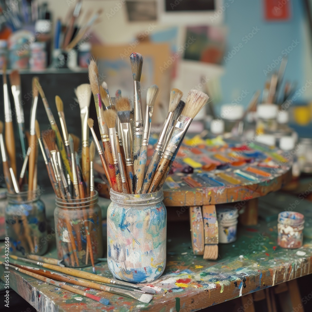 A jar of paint brushes sits on a table with other paint brushes and paint A jar of paint brushes sits on a table with other paint brushes and paint