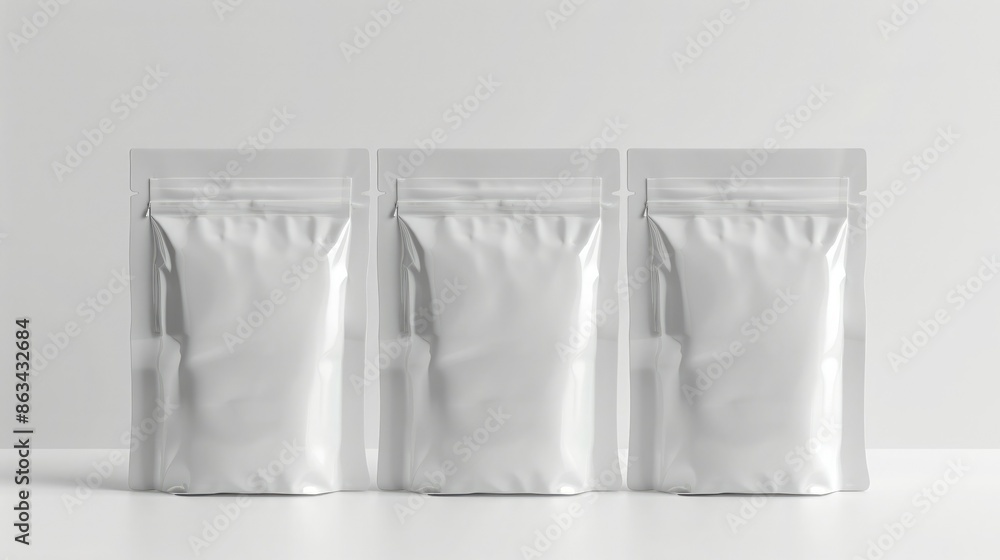 Three blank silver foil stand-up pouches with zipper closure on a white background. Ideal for food, coffee, or powder packaging. Three blank silver foil stand-up pouches with zipper closure on a white background. Ideal for food, coffee, or powder packaging.
