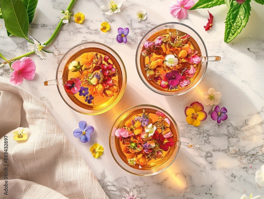 A cup of flower tea on a marble counter. A cup of flower tea on a marble counter.