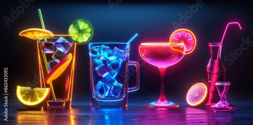 A neon sign with a row of drinks including a martini, a margarita, a mojito