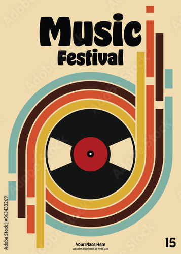 Music festival poster template design background with vinyl record vintage retro style