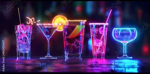 Illuminated neon display showcasing silhouettes of a martini, margarita, and mojito. Vibrant bar or lounge decor.