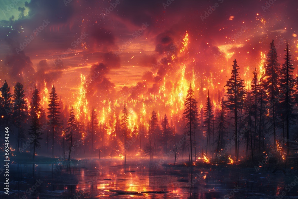 Forest Fire Burning Through Tall Trees at Night Forest Fire Burning Through Tall Trees at Night