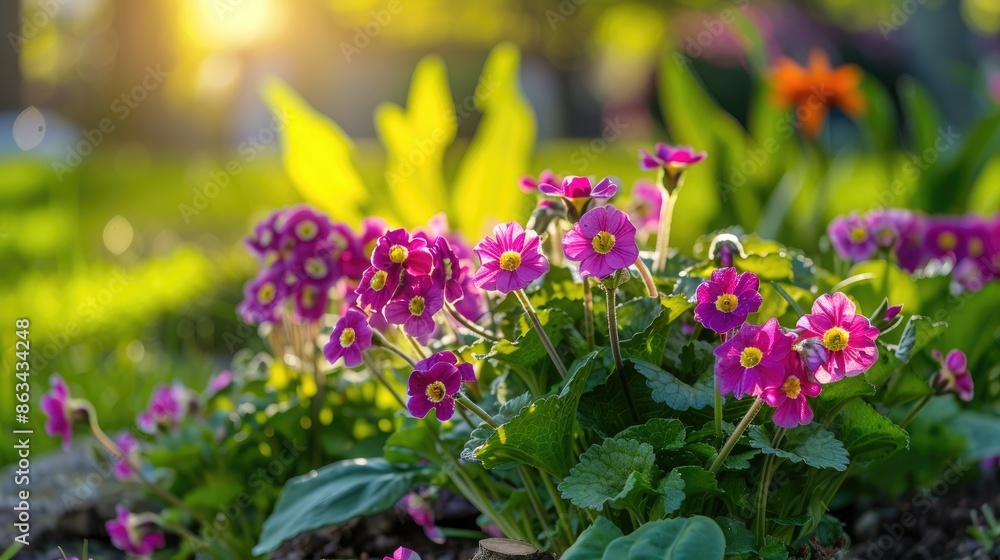 Primula blooming in a sunny spring garden Primula blooming in a sunny spring garden