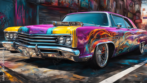  illustration of A classic vintage car parked in a colorful garage.