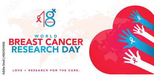 World Breast Cancer Research Day vector. Pink cancer awareness ribbon, science icons and world map silhouette vector isolated on a white background. August 18. Important day