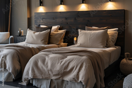 Two single beds with dark wood headboards and plush, neutral linens, in a modern hotel room with a stylish seating area and ambient lighting.