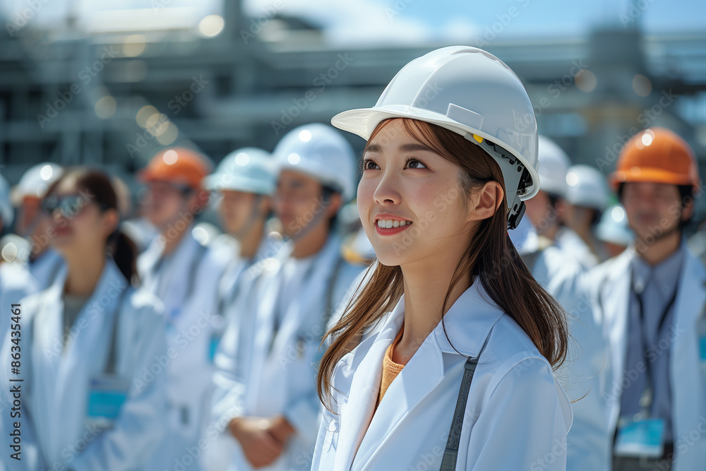 Confident Japanese Female Engineer Leading Team in Industrial Facility Inspection Confident Japanese Female Engineer Leading Team in Industrial Facility Inspection