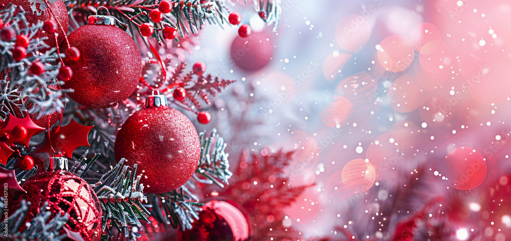 Festive Red Christmas Ornaments on Snowy Pine Tree, copy space