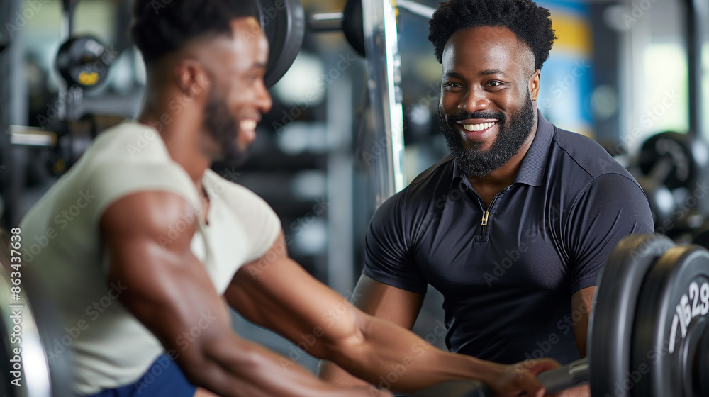 Fototapeta premium Personal trainer encouraging man lifting weights during workout at the gym