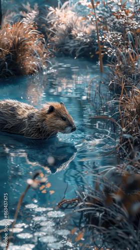 Adorable Beaver Building a Dam in Serene Watercolor Style Amidst a Tranquil Pond Nature's Artistic Wonder, Wildlife Beauty, and Peaceful Scenery photo