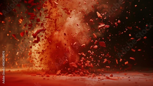Vibrant red chalk fragments burst into a chaotic dance, suspended mid-air like a fiery explosion.