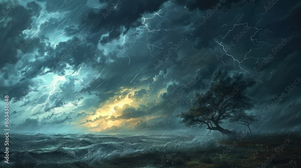 Dynamic illustration of stormy weather with lightning, strong winds, and bending trees in a landscape. Dynamic illustration of stormy weather with lightning, strong winds, and bending trees in a landscape.