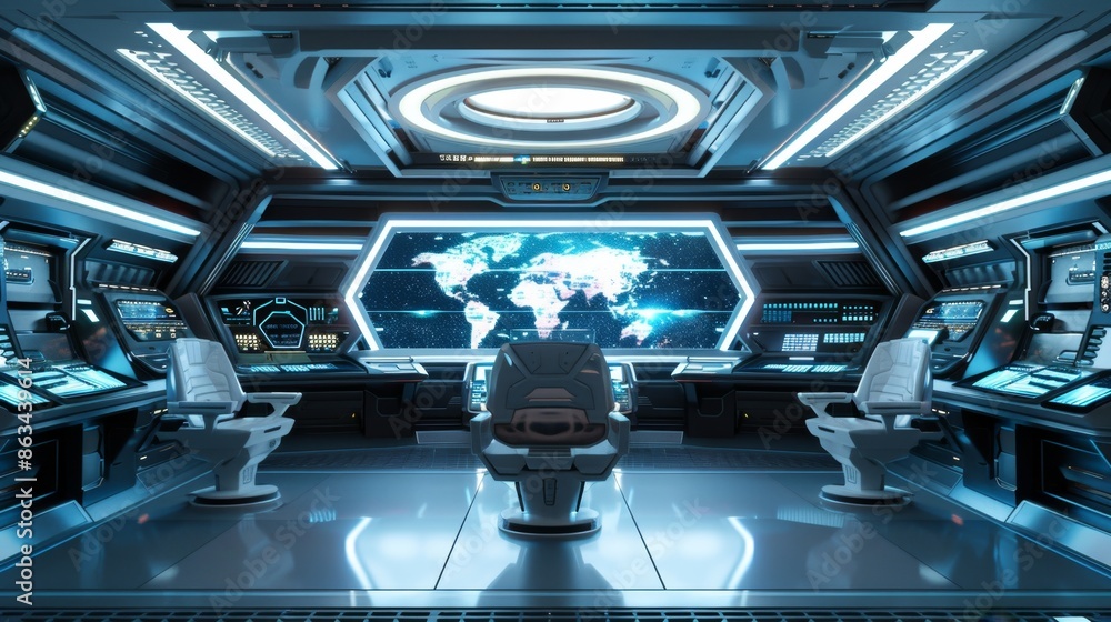 Futuristic Control Room with Digital World Map - Generative AI Futuristic Control Room with Digital World Map - Generative AI