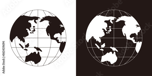 大陸が塗りつぶされた地球儀。背景が透明の世界地図。緯線と経線が入った太平洋を中心とした地球。