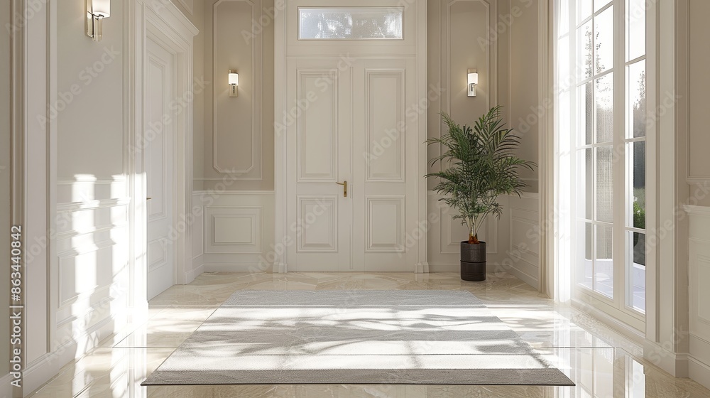Clean, inviting entryway with two doors leading to living room and hallway, featuring white double ivory entrance door.