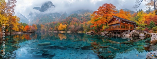 Tranquil Autumn Scene With Traditional House on Pristine Lake in China