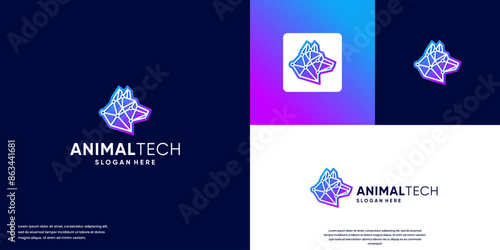 minimalist wolf with line art style with electric circuit concept, logo design template.