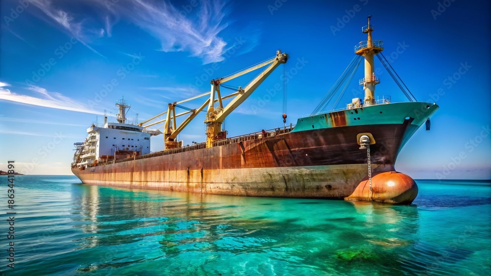 Fototapeta premium A majestic cargo vessel navigates through calm turquoise waters, its rusty hull and towering crane standing out against a backdrop of clear blue sky.