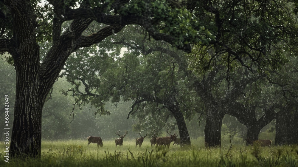 A herd of deer are walking through a forest A herd of deer are walking through a forest