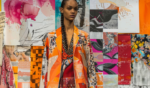 A fashion collage with photographs of models, fashion sketches, and fabric swatches in various patterns and textures